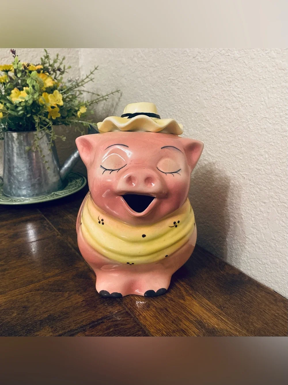 Adorable Vintage Mcm 50s Ceramic Kitschy Pig in Hat with Scarf Pitcher